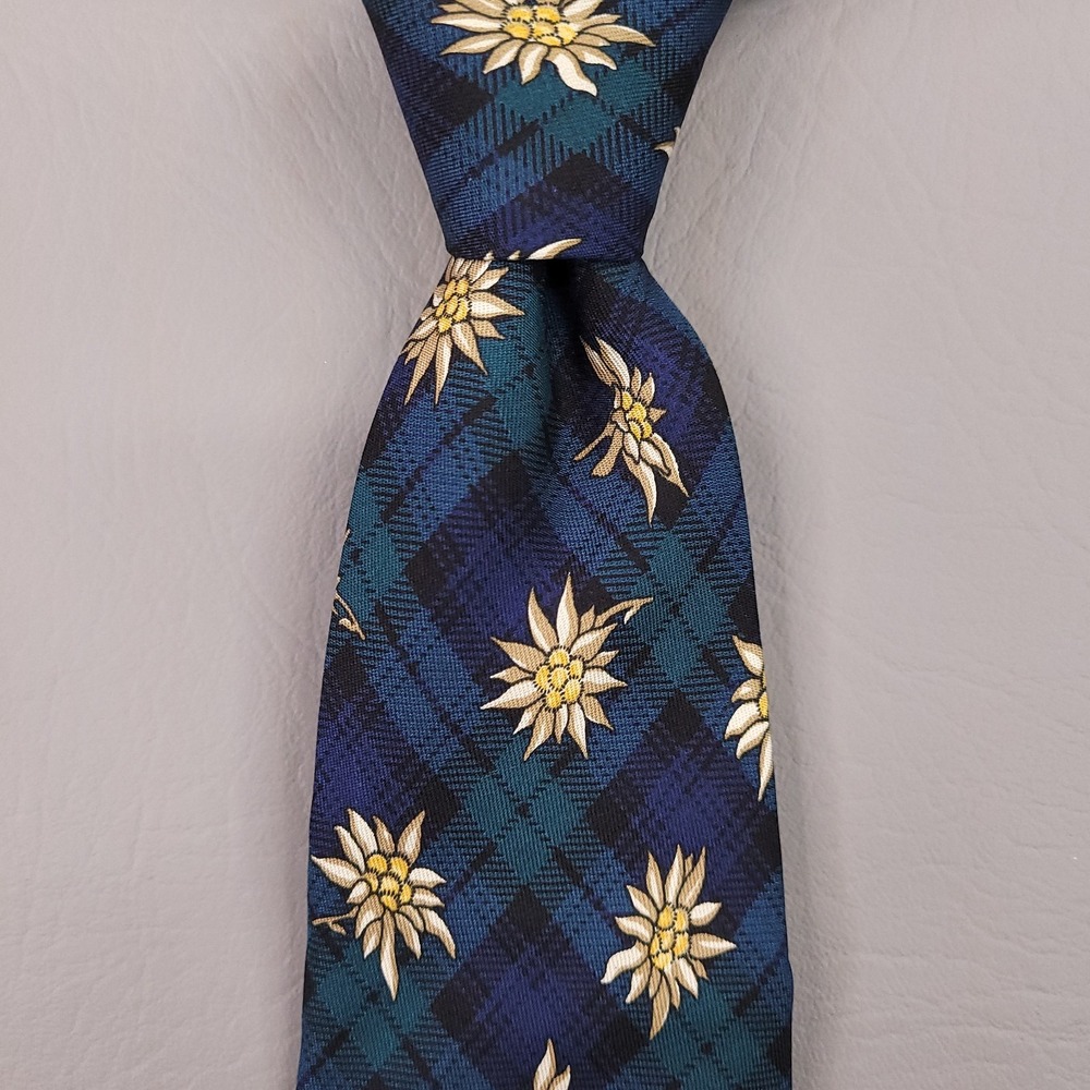 Brooks Brothers Makers Merchants Tie Mens Green Blue Plaid Flower Silk USA - Picture 6 of 6